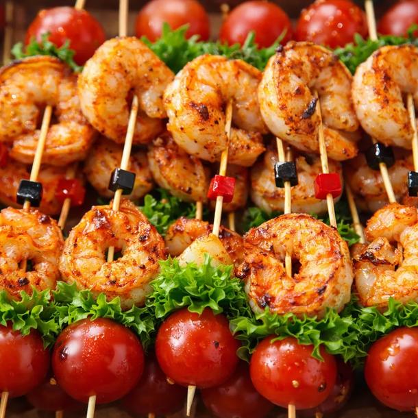 Канапе с тигровой креветкой и томатом Черри